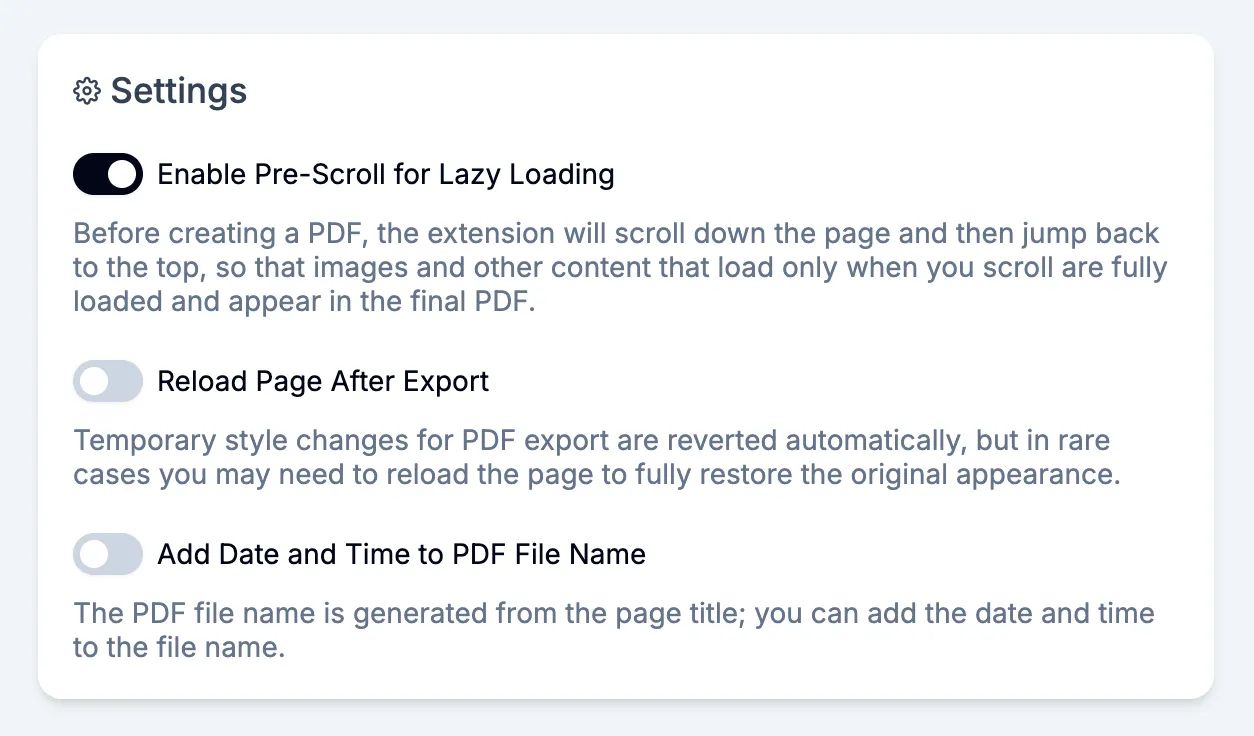 Settings overview — Web to PDF