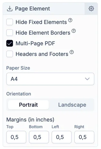 Page element export settings