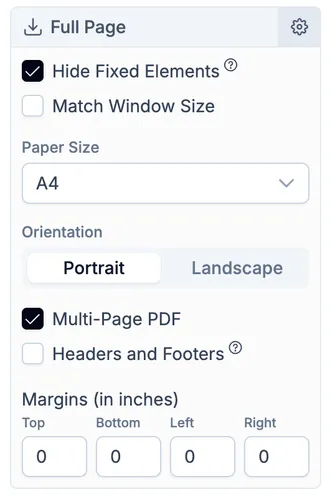 Full page export settings
